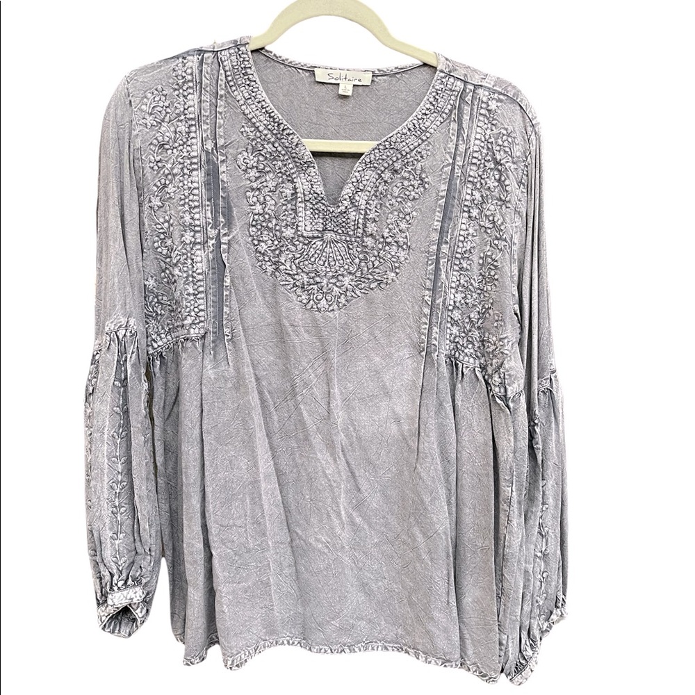 Boho Chic Gray Chambray blouse with embroidery